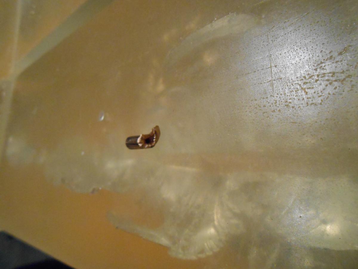 Recovered Hornady GMX bullet deformed after striking windshield glass