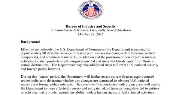 Excerpt of the Bureau of Industry and Security's announcement of a 90-day pause in the export of commercial firearms.