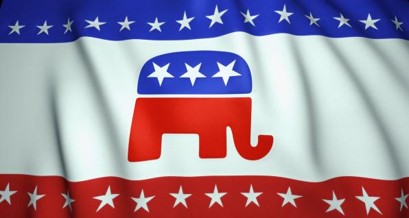 GOP flag featuring red, white and blue elephant