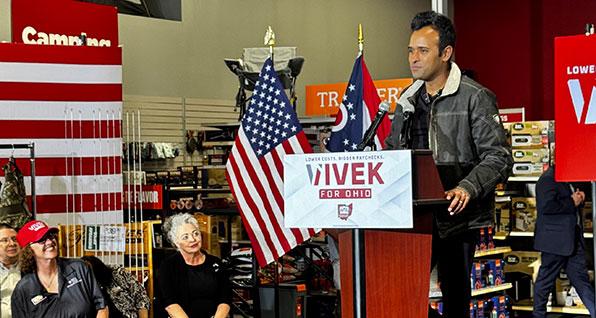 Vivek Ramasmamy speaks at Vance Outdoors in Columbus.